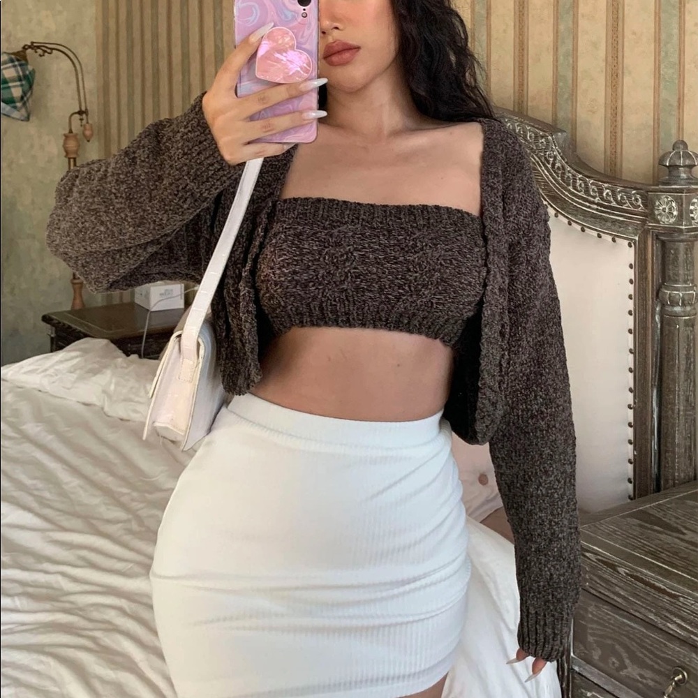 [Sold] Shein cropped knit bandeau with cardigan set insta chic black top